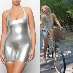 Skims Metallic Swim Cycle Suit- nickle/silver